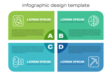 Set line Barrel oil, Gold nugget, Pickaxe and Earth core structure crust. Business infographic template. Vector