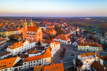 Fototapeta na wymiar Stara Boleslav Town with Church of the Assumption of Mary, Czech Republic. Aerial view from drone.