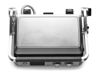 Modern electric grill with close lid on white background
