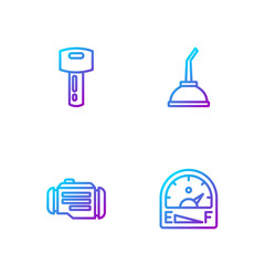 Set line Motor gas gauge, Check engine, Car key with remote and Canister for motor machine oil. Gradient color icons. Vector