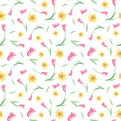 Seamless watercolor pattern with narcissus and tulips on white background. Can be used for fabric prints, gift wrapping paper, kitchen textile.