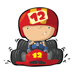 Cute little smiling racer boy in red racing car 
