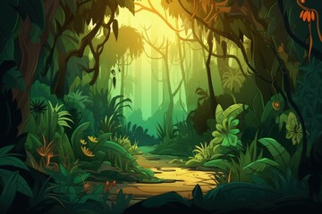 a jungle scene with a stream in the middle of the forest, generative AI
