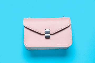 Beautiful female bag on color background