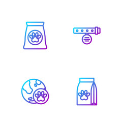 Set line Bag of food for pet, World, and Collar with name tag. Gradient color icons. Vector