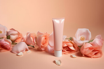 Mock-up. A pink plastic tube of cream is on the table, there are roses next to it, on a pink background. Generative AI