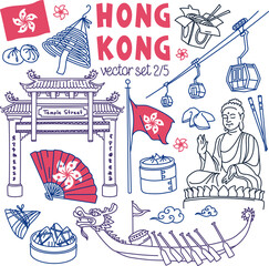 Hong Kong traditional symbols, food and landmarks. Vector drawings set. Outline stroke is not expanded, stroke weight is editable.