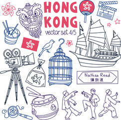 Hong Kong traditional symbols, food and landmarks drawings set. Outline stroke is not expanded, stroke weight is editable. Chinese characters translation: Nathan Road (street sign)