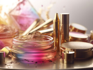 make up and cosmetic products, pastel and gold colors, AI Generated