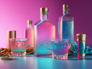 realistic, label, mockup, 3d, mock-up, template, illustration, liqueur, whiskey, clear, different, brandy, close-up, design, red, pink, collection, cocktail, beverage, clean, ai, genearted