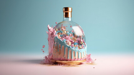 Unusual fascinating cake that looks kite a bottle, real cake, AI Generated