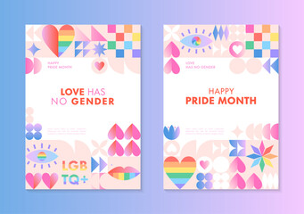 Pride month posters templates.LGBTQ+ community vector illustrations in bauhaus style with geometric elements and rainbow lgbt symbols.Human rights movement concept.Gay parade.Colorful cover designs.