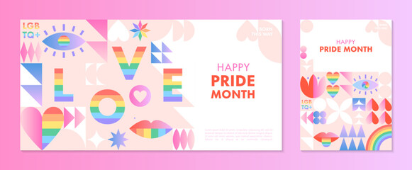 Pride month banners templates.LGBTQ+ community vector illustrations in bauhaus style with geometric elements and rainbow lgbt symbols.Human rights movement concept.Gay parade.Colorful cover designs.