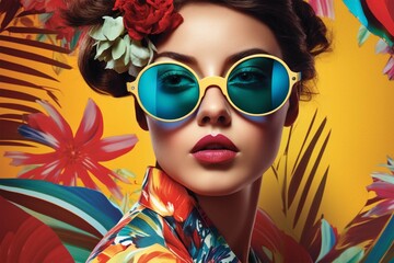 Fototapeta na wymiar colorful magazine collage with a model in sunglasses on a bright multicolored floral background. Generative AI