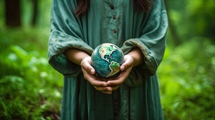 Earth Day. Environmental ecology, Protecting the Earth, the environment and nature. Green trees and plants in background and a fictional woman holding earth concept.