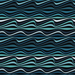 Seamless repeating pattern with abstract geometric sea waves. Horizontal blue wavy stripes on a black background. Striped texture. Vector illustration.