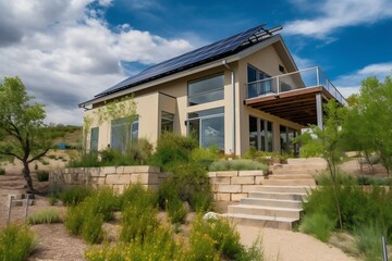 Fototapeta na wymiar A modern eco-friendly home with solar panels, energy-efficient appliances, and green landscaping