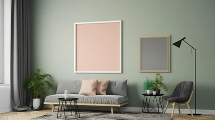 Poster frame mockup on the wall with plant. Generative Ai