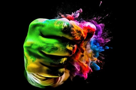  Rainbow colors painted hand raised making fist on a black background. LGBT pride symbol. Generative AI