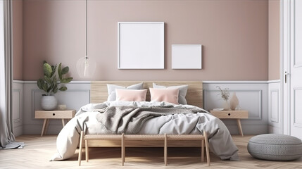 Mock-up poster frame in bedroom, Scandinavian style, 3d render. Generative Ai