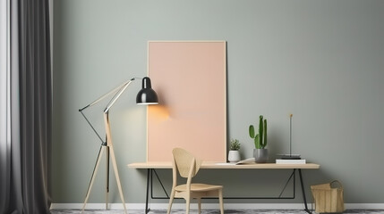 Poster, wall mock up in home interior background, home office, Scandinavian style. Generative Ai