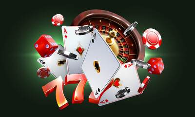 Gambling vector design. Game design, flyer, poster, banner, advertisement.  Casino Illustration with roulette wheel , poker cards ,  dices , slot machine 