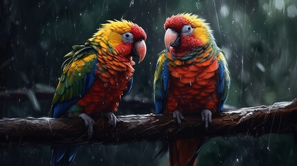 Naklejka premium Beautiful macaw parrots sitting on a branch in the rain.generative ai
