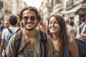 young couple or friends or siblings together in an old town, fictional place, excursion or vacation or weekend or shopping in summer. Generative AI