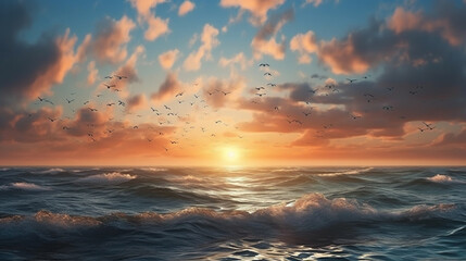 Fototapeta na wymiar Seascape with seagulls at sunset.generative ai
