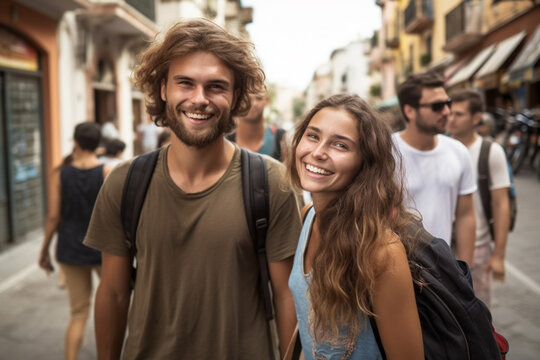 young couple or friends or siblings together in an old town, fictional place, excursion or vacation or weekend or shopping in summer. Generative AI