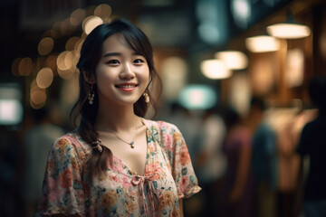 Obraz premium young adult woman or teenager with pretty attractive face and joyful smile in summer shirt. Generative AI