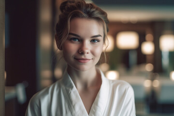 young adult woman in bathrobe in her apartment or on vacation in hotel, luxury, sunny day. Generative AI