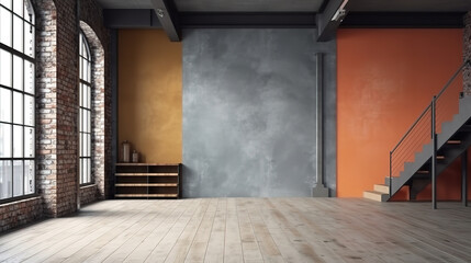 Blank wall mockup in loft interior background, industrial style. Generative Ai