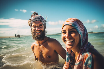 adult man and woman couple or friends together in sea in water with hot sun on head and headscarf and towel as sun protection. Generative AI