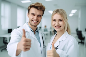 Fototapeta premium two young adult friendly joyful doctors doctors with thumbs up. Generative AI