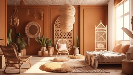 Obraz premium Home interior background, cozy room with natural wooden furniture. Generative Ai