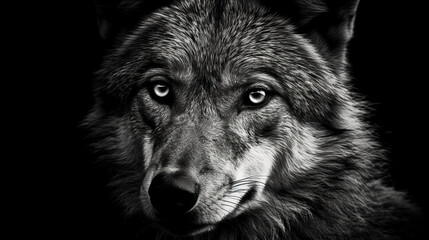 Black and white portrait of a wolf on a black background.generative ai