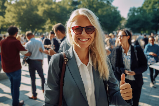 Mature Woman In Suit, Smiling Embarrassed Or Proud. Generative AI