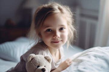 Toddler, young girl at home on her bed in the children's room with her teddy bear soft toy, in the morning or at sunset. Generative AI