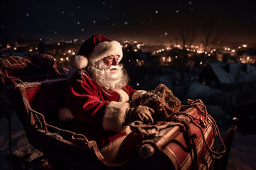 Fototapeta na wymiar smile american red old happy Santa Claus sitting on his festive Christmas sleigh with deers. Generative AI