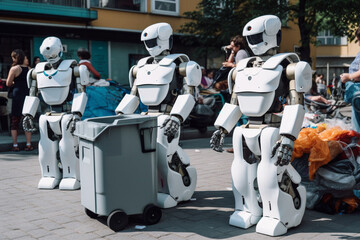 autonomous robots work in city as city workers, garbage collection and service of robots, fictional place, humanoid android artificial intelligence. Generative AI