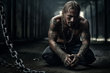 young caucasian adult man chained, chained, prison or enslavement, fictional place. Generative AI