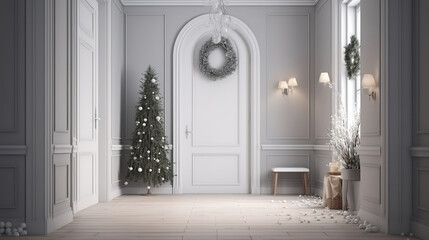 Scandinavian farmhouse hallway interior with Christmas decoration, wall mockup. Generative Ai