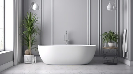 Naklejka na ściany i meble White cozy bathroom interior background, wall mockup, 3d render. Generative Ai