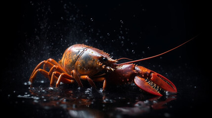Lobster on a black background with drops of water. Macro.generative ai