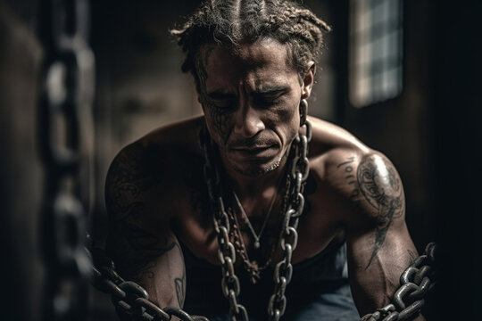 young caucasian adult man chained, chained, prison or enslavement, fictional place. Generative AI