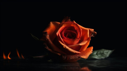 Beautiful orange rose with water drops on black background. generative ai