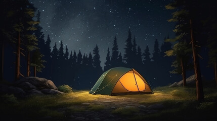 Camping tent in the forest at night.generative ai