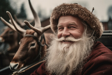 smile american red old happy Santa Claus sitting on his festive Christmas sleigh with deers. Generative AI