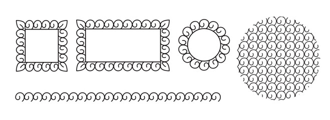 Decorative frames, border and seamless pattern. Circle, square, rectangle, Design elements collection Meander pattern. Hand drawn doodle vector illustration Isolated on white background